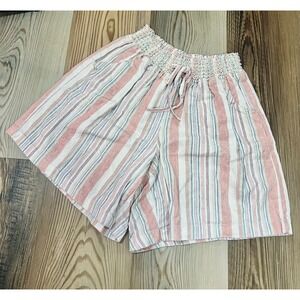 Hannah Striped Smocked High Waist Linen Blend Boho Coastal Shorts Size Small
